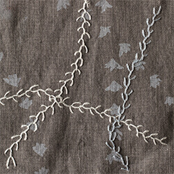 details of the charcoal colour version of the liara kaftan:: screen printed grey paths with handembroided details evoking branches in white and light grey-blue colours